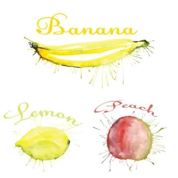 Watercolor fruit set with blots Stock Illustration