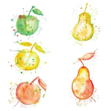 Watercolor fruit set with blots Stock Illustration