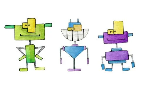Watercolor funny robots set Stock Illustration