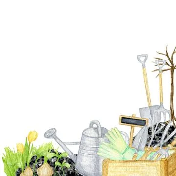 Watercolor garden tools border frame. Hand drawn, rake, bucket, wood box, shovel Stock Illustration