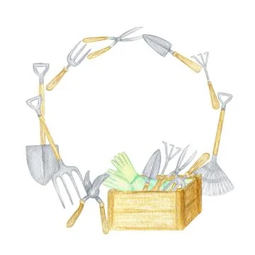 Watercolor garden tools round frame. Hand drawn, rake, bucket, wood box, shovel Stock Illustration