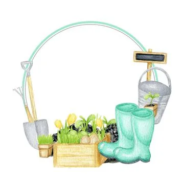 Watercolor garden tools round frame. Hand drawn, rake, bucket, wood box, shovel Stock Illustration