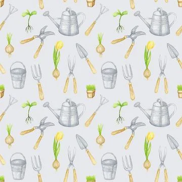 Watercolor gardening tools seamless pattern. Hand drawn garden elements Stock Illustration