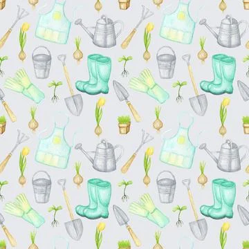 Watercolor gardening tools seamless pattern. Hand drawn garden elements Illustrazione stock