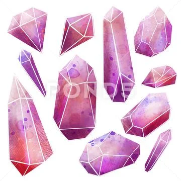 Watercolor gems set, pink crystals, wet texture: Royalty Free #148715622