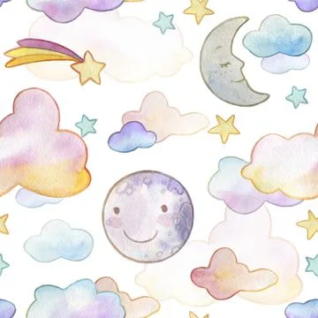 Watercolor gentle rainbow seamless pattern with sky clouds, smiling moon and Stock Illustration