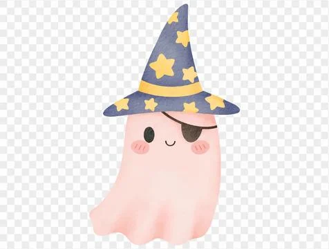 Watercolor ghost wearing blue wizard hat cute Halloween vector. Illustrazione stock