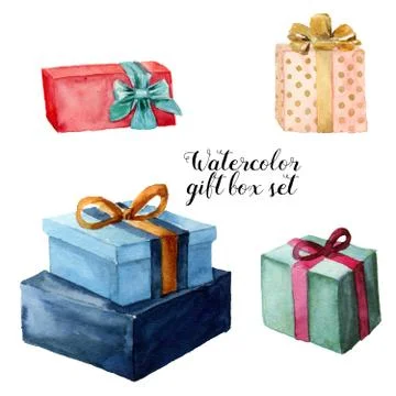 Watercolor gift box set with bow. Hand painted illustration isolated on white Stock Illustration