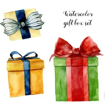 Watercolor gift boxes set. Hand painted box with bow isolated on white Stock Illustration