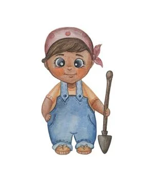 Watercolor. girl gardener with a shovel. Handwork. Raster format Stock Illustration