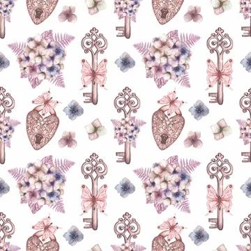 Watercolor glamorous seamless pattern with locks, keas and hydrangea bouque.. Stock Illustration