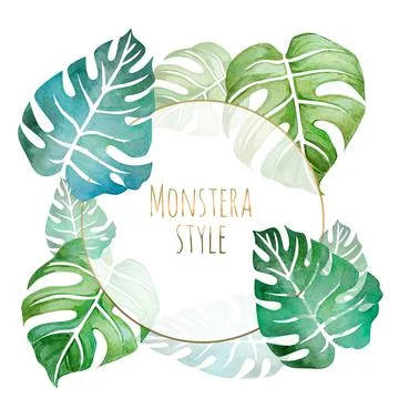 Watercolor gold frame surrounded of different watercolor monstera leaves on Stock Illustration