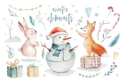 Watercolor gold Merry Christmas illustration with snowman, christmas tree Stock Illustration