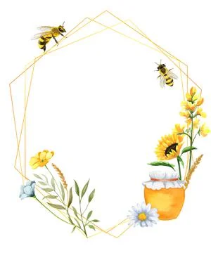 Watercolor golden frame with honey bees, jar of honey and meadow flowers Stock Illustration
