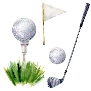Watercolor golf elements set. Golf illustration with tee, golf club, golf ball Stock Illustration