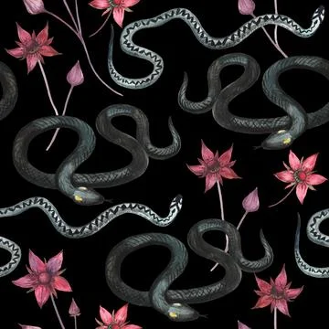 Watercolor gothic seamless pattern with black snakes and red flowers イラスト素材