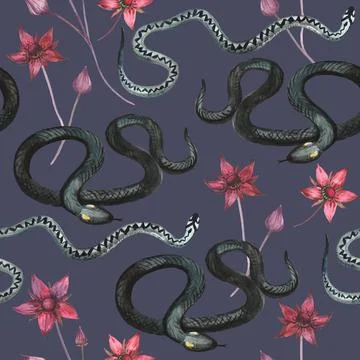 Watercolor gothic seamless pattern with black snakes and red flowers Stock Illustration