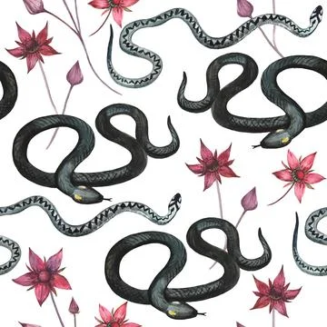 Watercolor gothic seamless pattern with black snakes and red flowers Stock Illustration