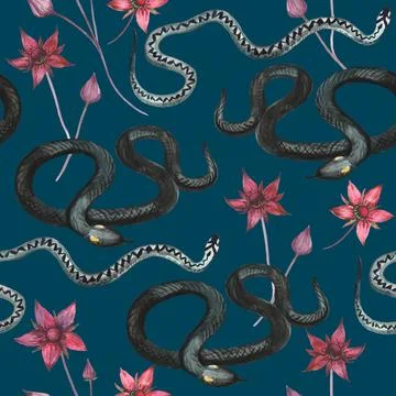 Watercolor gothic seamless pattern with black snakes and red flowers Stock Illustration
