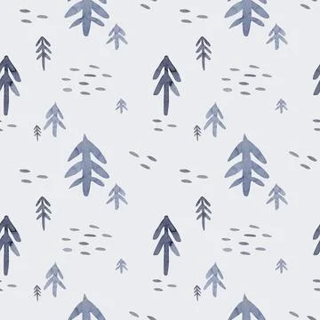 Watercolor green trees seamless pattern on white background. Design for Happy Stock Illustration