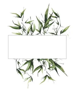 Watercolor greenery bamboo horizontal rectangular line frame. Green exotic Stock Illustration