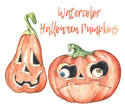 Watercolor Halloween objects collection including smiling pumpkin with teeth Stock-Illustration