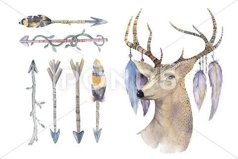 Watercolor hand drawn arrows set with deer. ethnic native american Stock Illustration