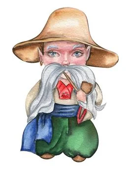 Watercolor hand drawn boy gnome in national ukrainian costume.Design for ba.. Stock Photos