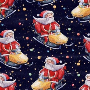 Watercolor hand drawn Christmas seamless pattern with Santa Claus riding snow Stock Illustration