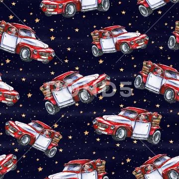 Watercolor hand drawn Christmas seamless pattern with red Santa car and golde Stock Illustration