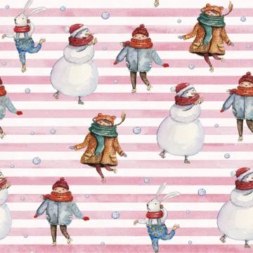 Watercolor hand drawn Christmas seamless pattern with snowman, hare, snowball Stock Illustration