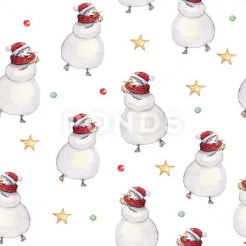 Watercolor hand drawn Christmas seamless pattern with stars and snowmen in re Stock Illustration