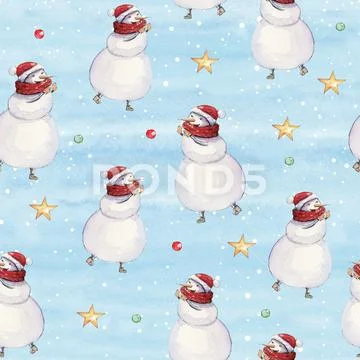 Watercolor hand drawn Christmas seamless pattern with stars and snowmen in re Stock Illustration