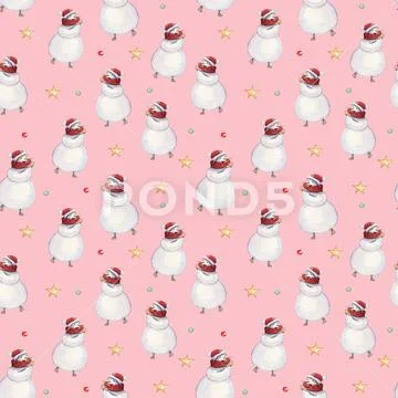 Watercolor hand drawn Christmas seamless pattern with stars and snowmen in re Stock Illustration