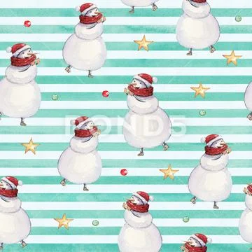 Watercolor hand drawn Christmas seamless pattern with stars and snowmen in re Stock Illustration