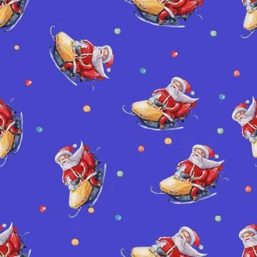 Watercolor hand drawn Christmas seamless pattern with Santa Claus riding snow Stock Illustration