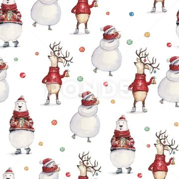 Watercolor hand drawn Christmas seamless pattern with snowman, deer in a red Stock Illustration