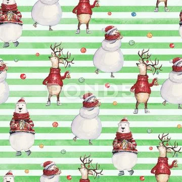 Watercolor hand drawn Christmas seamless pattern with snowman, deer in a red Stock Illustration
