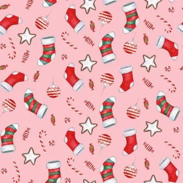 Watercolor hand drawn Christmas seamless pattern with Christmas stockings, ca Stock Illustration