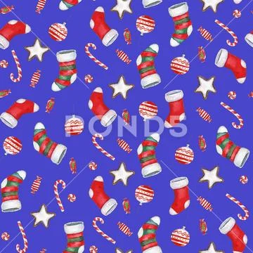 Watercolor hand drawn Christmas seamless pattern with Christmas stockings, ca Stock Illustration