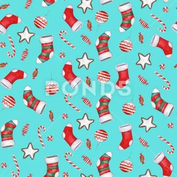Watercolor hand drawn Christmas seamless pattern with Christmas stockings, ca Stock Illustration