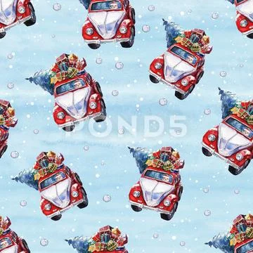 Watercolor hand drawn Christmas seamless pattern with red Santa car and golde Stock Illustration