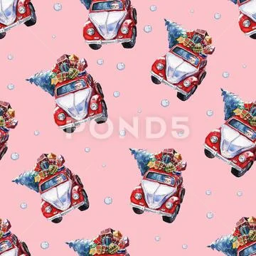 Watercolor hand drawn Christmas seamless pattern with red Santa car and golde Stock Illustration