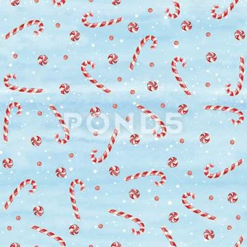 Watercolor hand drawn Christmas seamless pattern with candy canes, stick cand Stock Illustration