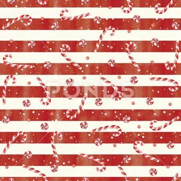 Watercolor hand drawn Christmas seamless pattern with candy canes, stick cand Stock Illustration