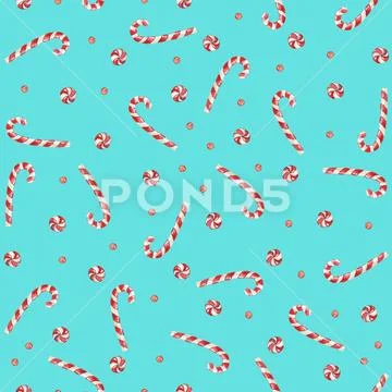 Watercolor hand drawn Christmas seamless pattern with candy canes, stick cand Stock Illustration