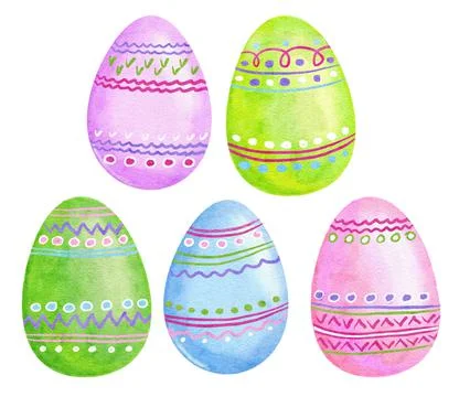Watercolor hand drawn Easter eggs illustration with green blue pink pastel Stock Illustration