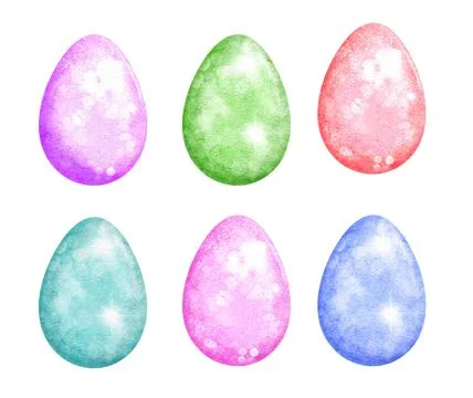 Watercolor hand drawn Easter eggs in purple pink green blue. Spring egg hunt Stock Illustration
