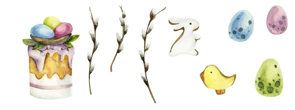 Watercolor hand drawn Easter set with Easter sweet bread and eggs decoration  Stock Illustration