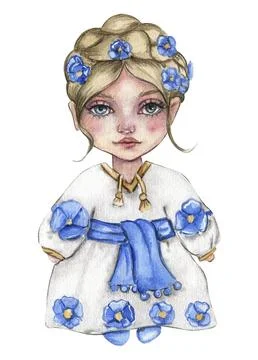 Watercolor hand drawn girl gnome in national ukrainian costume.Design for b.. Stock Photos
